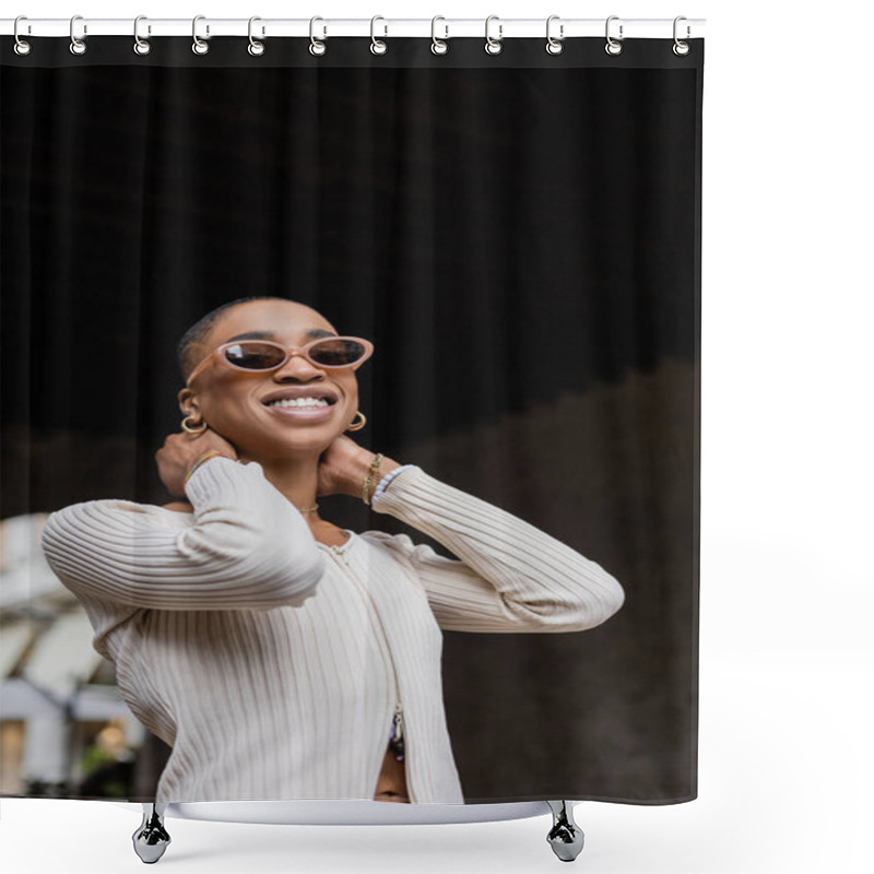 Personality  Low Angle View Of Trendy African American Woman In Sunglasses Smiling On Urban Street  Shower Curtains