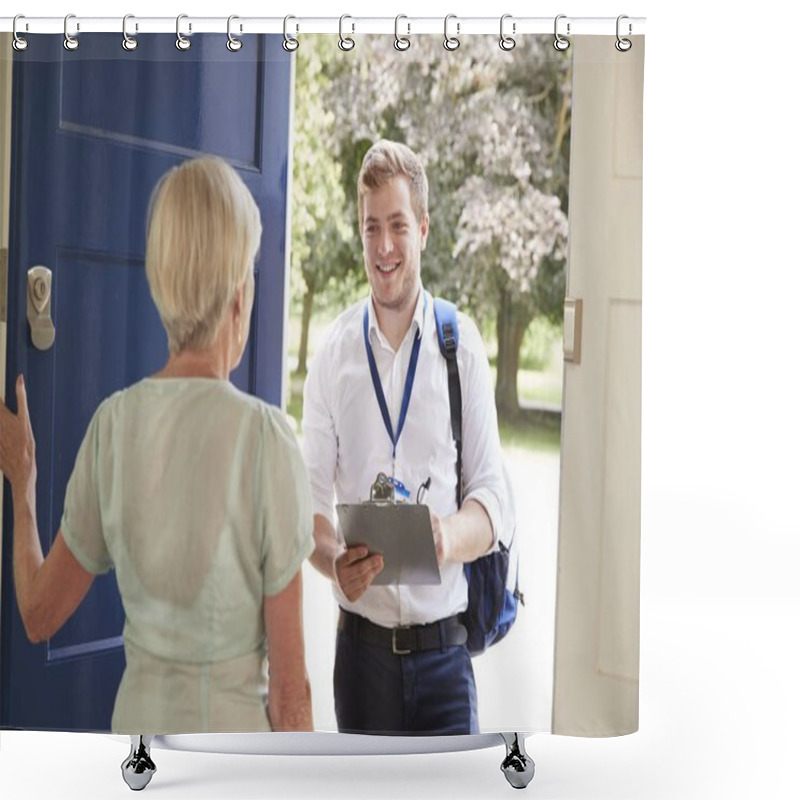 Personality  Senior Woman Opens Door To Male Charity Worker Doing Survey Shower Curtains