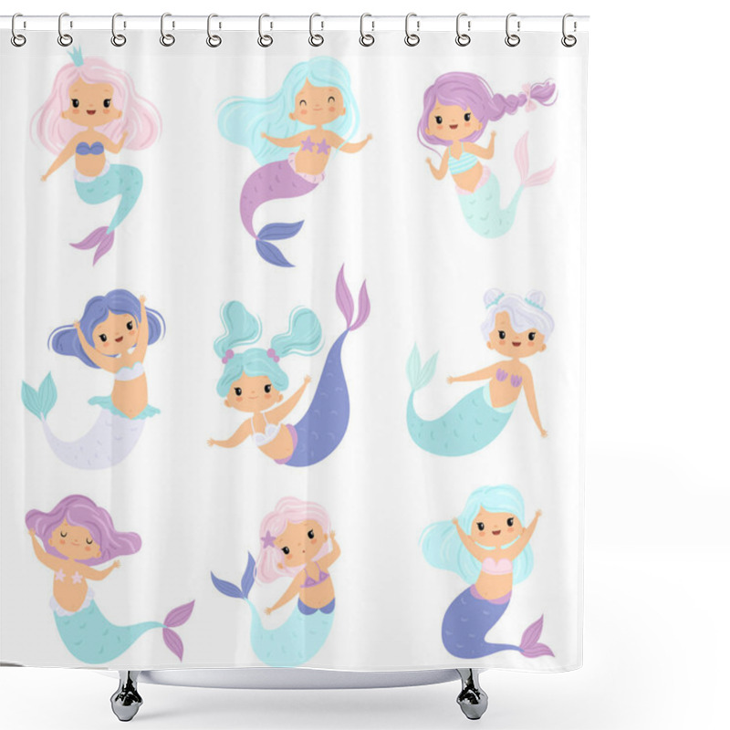 Personality  Collection Of Sweet Little Mermaids, Lovely Fairytale Girl Princess Mermaid Characters Vector Illustration Shower Curtains