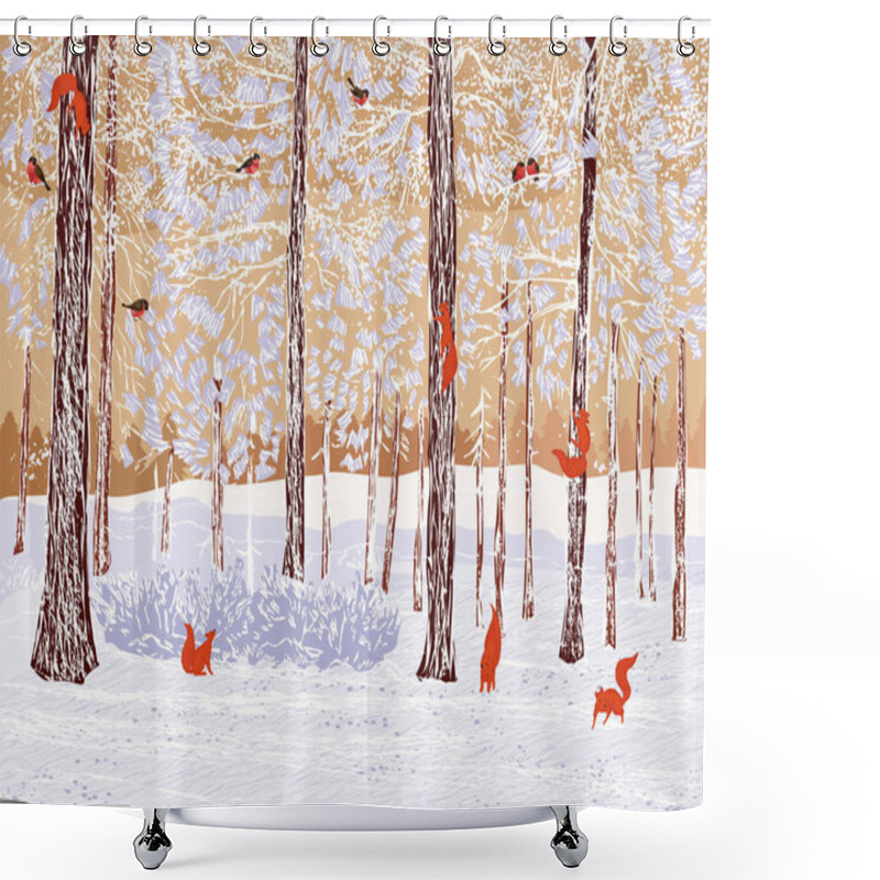 Personality  Vector Illustration Of A Winter Pine Forest With Climbing Squirrels And Bullfinches Shower Curtains