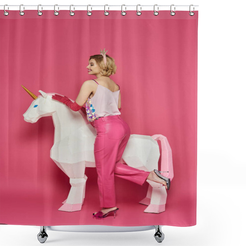 Personality  A Woman In Pink Attire Poses With A Large White Unicorn Against A Pink Background. Shower Curtains