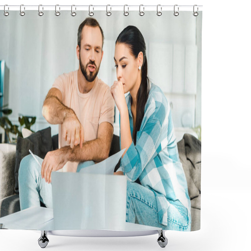 Personality  Couple Sitting On Couch, Using Laptop And Trying To Solve Financial Problems At Home Shower Curtains