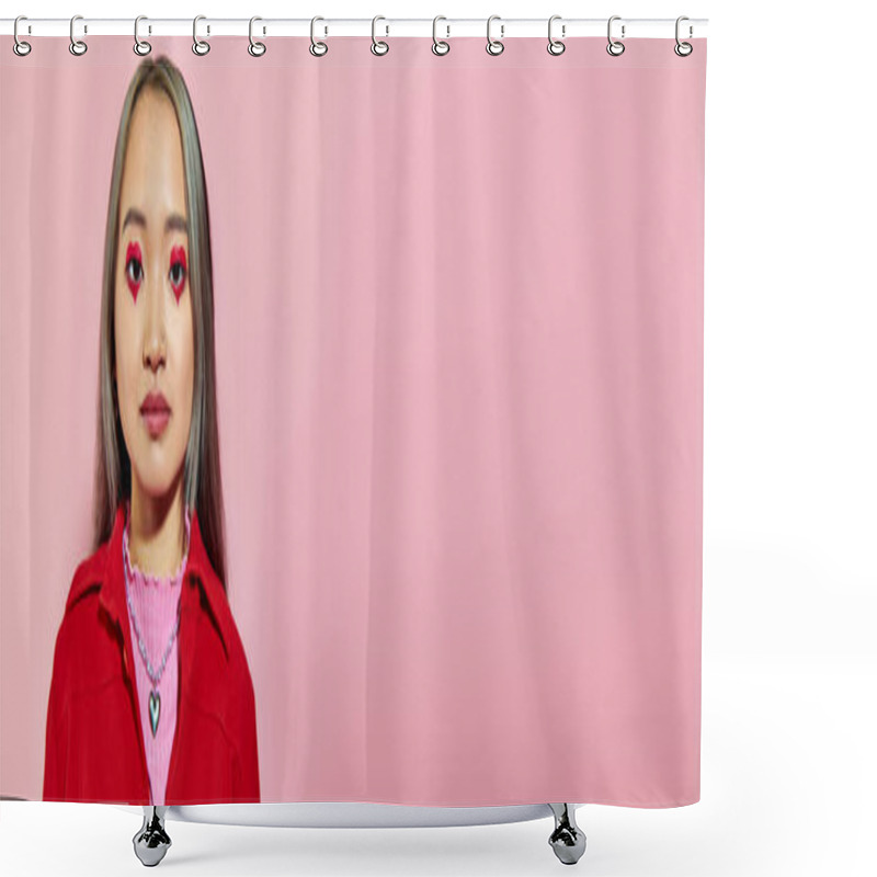 Personality  Portrait Of Young Asian Woman With Heart Shaped Eye Makeup And Dyed Hair Posing On Pink, Banner Shower Curtains