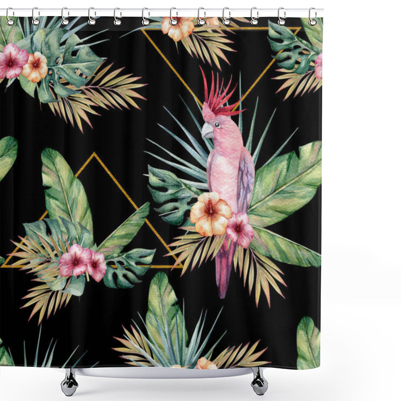 Personality  Watercolor Tropical Seamless Pattern With Parrots, Hibiscus Flowers, Banana And Monstera Leaves. Trendy Pattern With Golden Elements For Wallpapers, Web Page Backgrounds, Fabric And Other Products. Shower Curtains