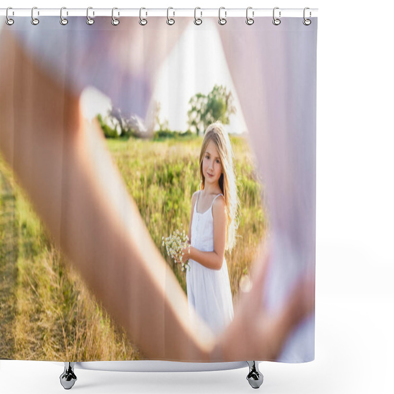 Personality  Beautiful Little Girl With Field Flower Bouquet Looking At Mother Standing Blurred On Background In Green Meadow Shower Curtains