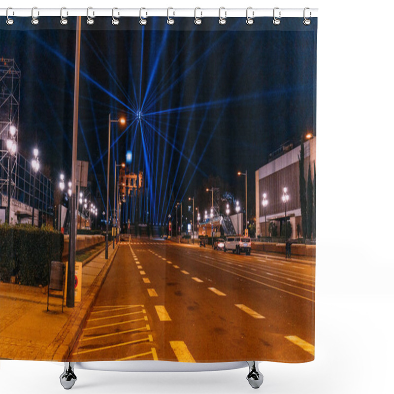 Personality  BARCELONA, SPAIN - DECEMBER 28, 2018: Night Scene Of City Roadway Lightened With Lanterns Shower Curtains