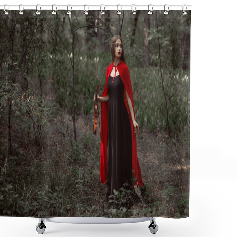 Personality  Beautiful Mystic Girl In Black Dress And Red Cloak Holding Violin In Forest Shower Curtains