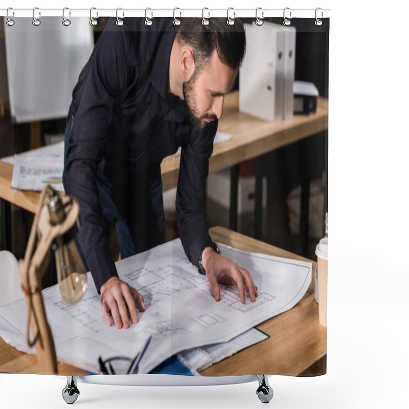 Personality  Handsome Architect Looking At Blueprints On Table Shower Curtains