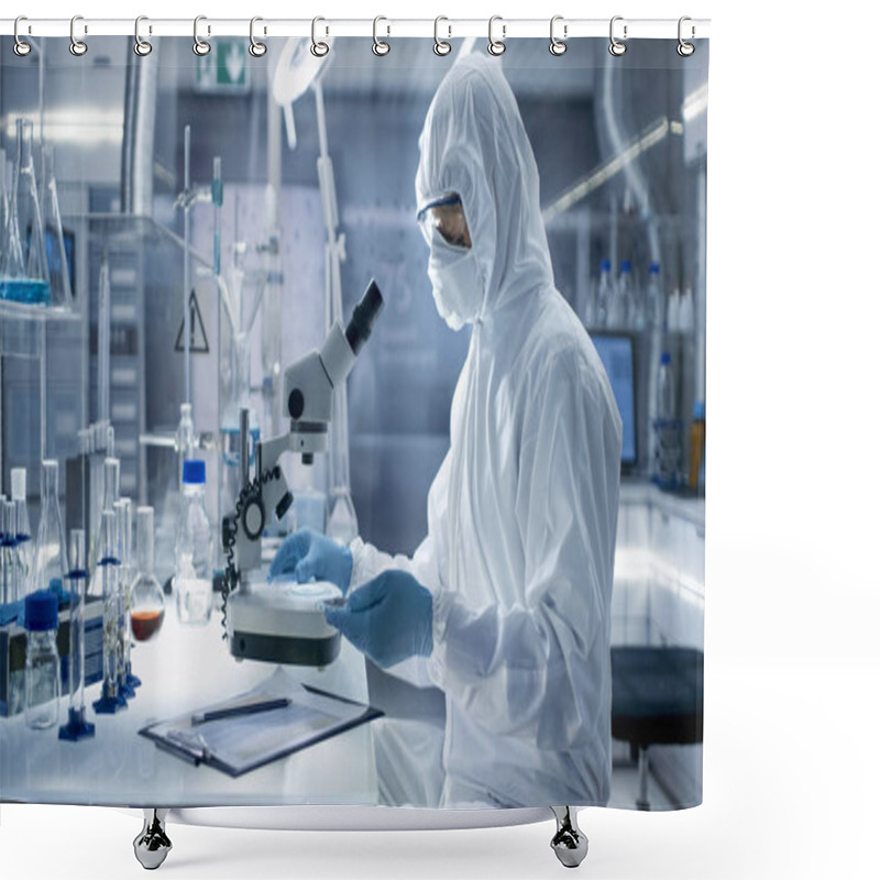 Personality  In A Secure High Level Laboratory Scientists In A Coverall Condu Shower Curtains