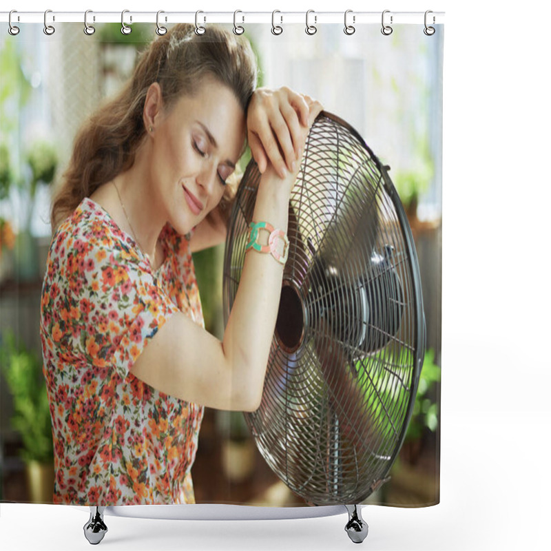 Personality  Summer Heat. Relaxed Modern Female In Floral Blouse In The Modern House In Sunny Hot Summer Day Fanning Herself. Shower Curtains