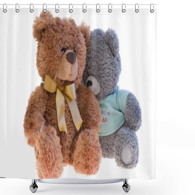 Personality  Two Toy Teddy Bears Together. Over White Shower Curtains