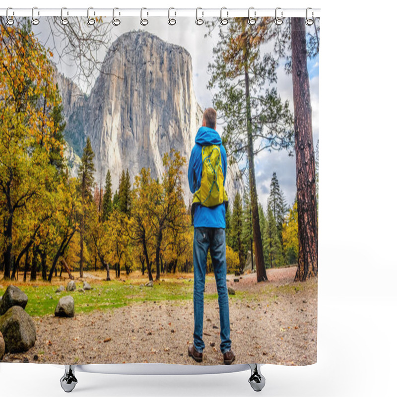 Personality  Tourist Standing In Yosemite National Park Valley Shower Curtains