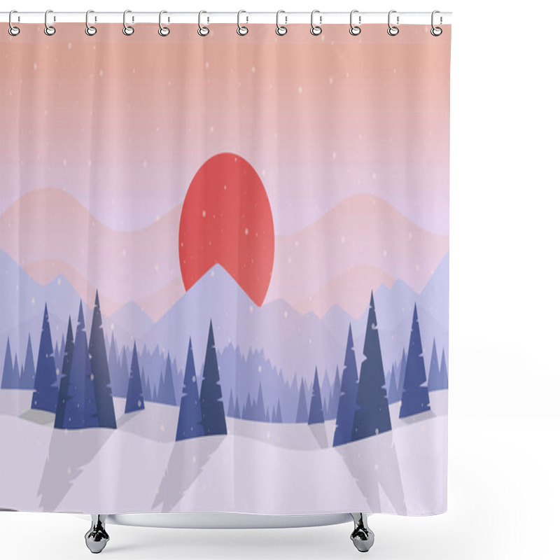 Personality  Winter Forest. Sunset Or Sunrise. Forest With Fir Trees And Pines. Big Red Sun. Japan. Simple Modern Design. Template For Banner Or Poster. Place For Text. Flat Style Vector Illustration. Shower Curtains