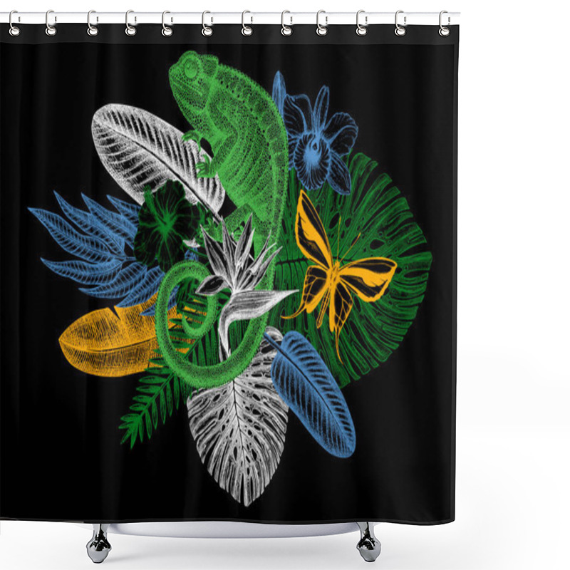 Personality  Tropical Design Realistic Chameleon Drawing. Vector Illustration With Hand Drawn Tropical Plants, Exotic Flowers, Palm Leaves, Insects And Chameleon Shower Curtains