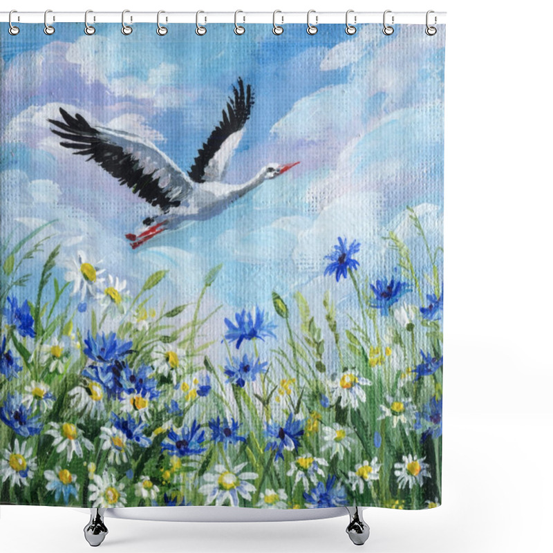 Personality  Flying Stork Over Wildflower Meadow, Summer Countryside Scene With Daisies And Blue Cornflowers, Bird In The Sky, Acrylic Nature Painting. High Quality Illustration Shower Curtains