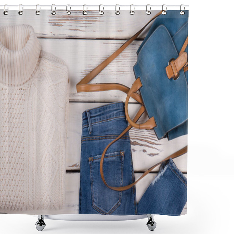 Personality  Handmade Sweater, Jeans And Backpack. Shower Curtains