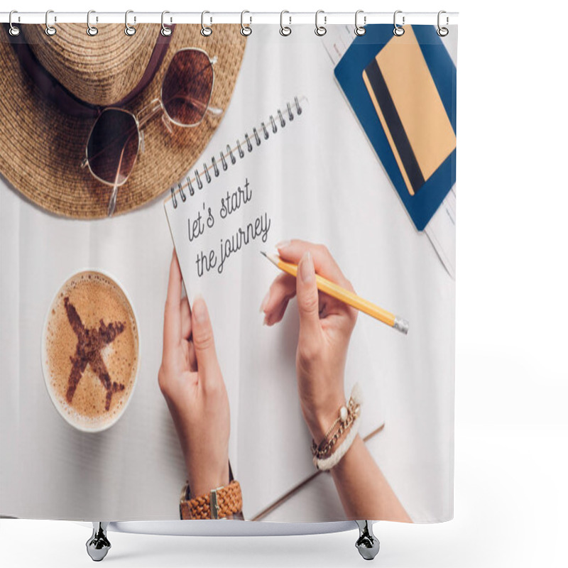 Personality  Partial View Of Woman With Notebook With Lets Start The Journey Lettering At Tabletop With Cup Of Coffee, Straw Hat, Passport And Ticket, Traveling Concept Shower Curtains