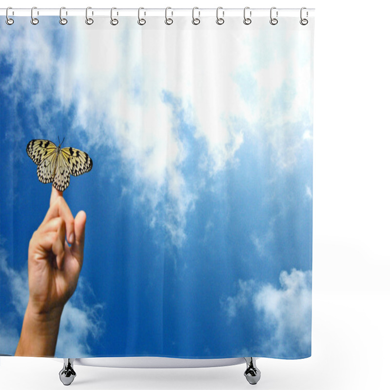 Personality  Tropical Butterfly Resting On Finger Shower Curtains