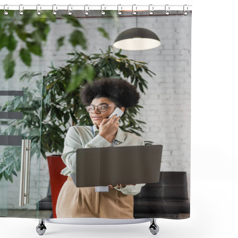 Personality  African American Team Lead In Glasses Using Laptop And Talking On Smartphone, Multitasking Shower Curtains