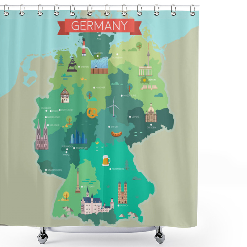 Personality  Stylized Map Of Germany. Travel Illustration With German Landmarks. Shower Curtains