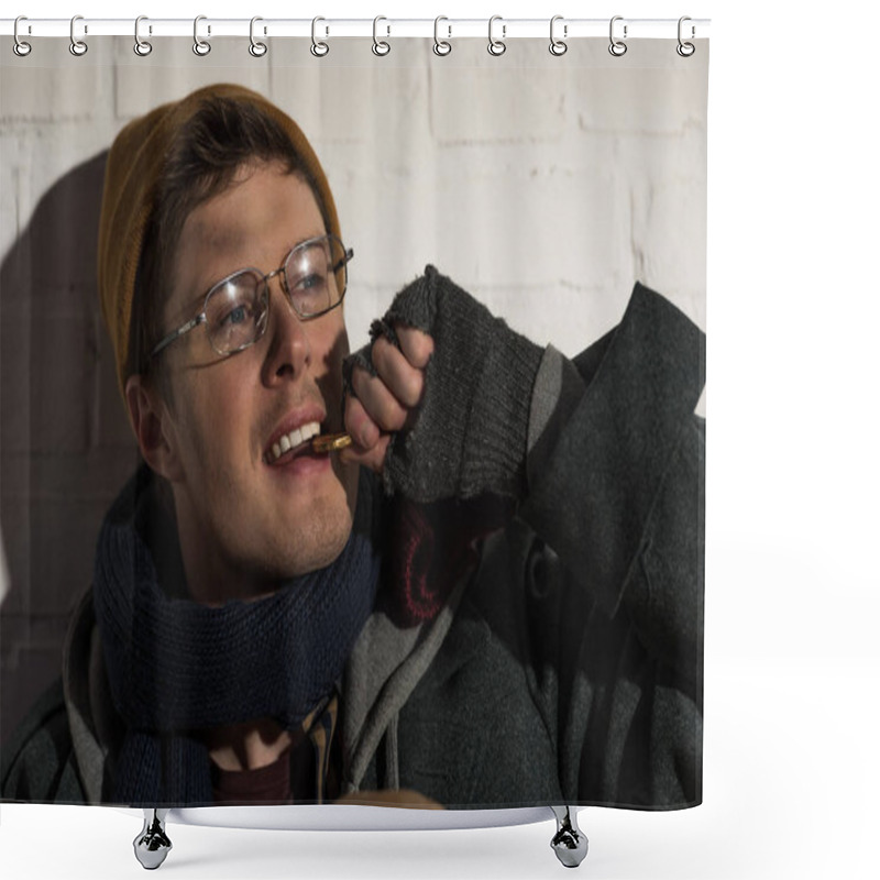 Personality  Homeless Beggar Man In Glasses Checking Metal Coin By Teeth Shower Curtains