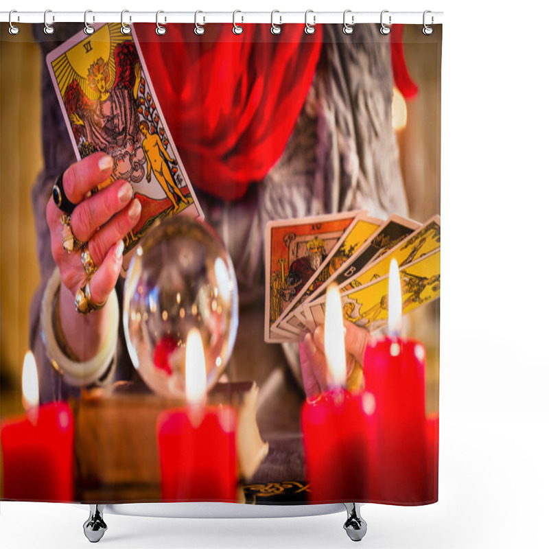 Personality  Fortuneteller During Session With Tarot Cards Shower Curtains