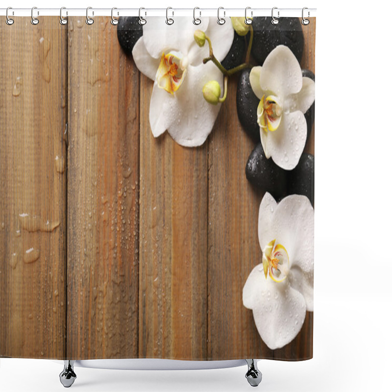 Personality  Spa Stones And Orchid Flower On Wooden Background Shower Curtains