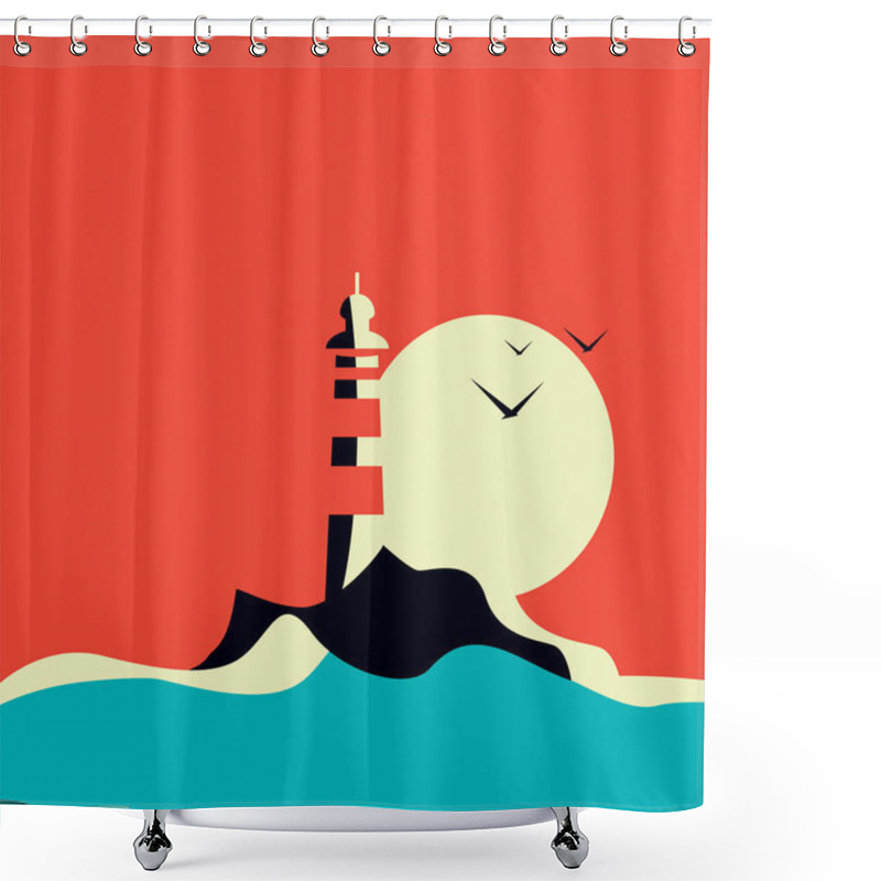 Personality  Lighthouse In The Sea At Sunset In Retro Style Shower Curtains