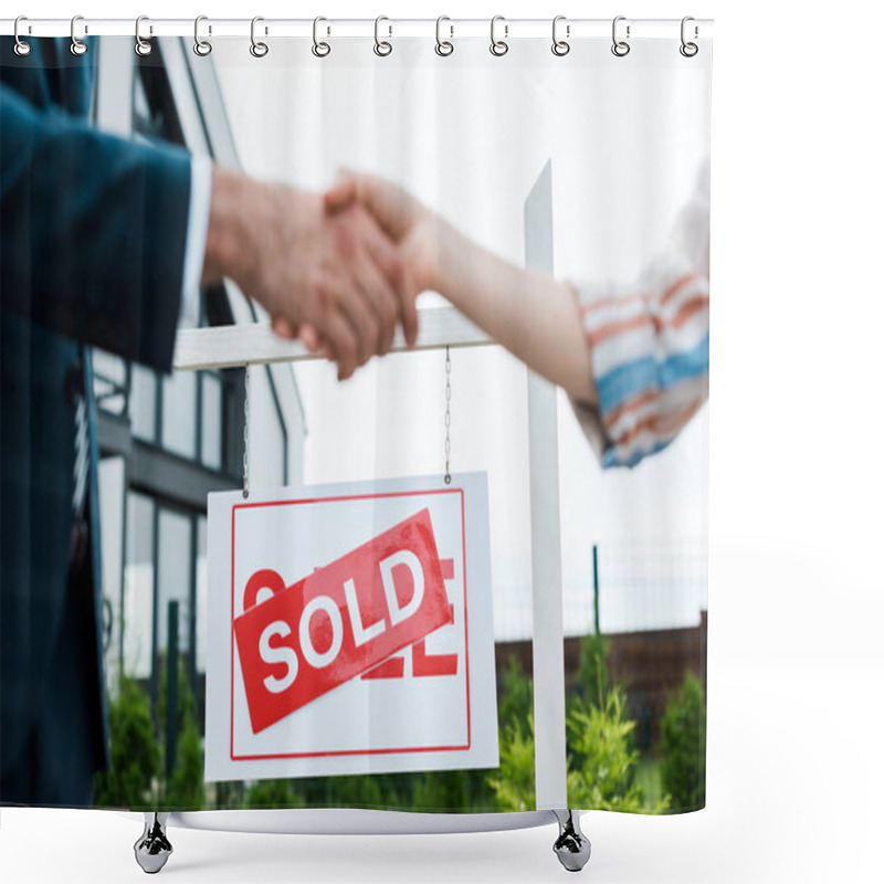 Personality  Selective Focus Of Board With Sold Letters Near Man And Woman Shaking Hands  Shower Curtains