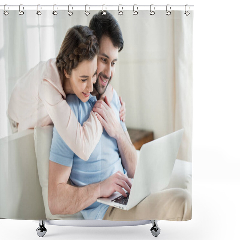 Personality  Couple Using Laptop Shower Curtains