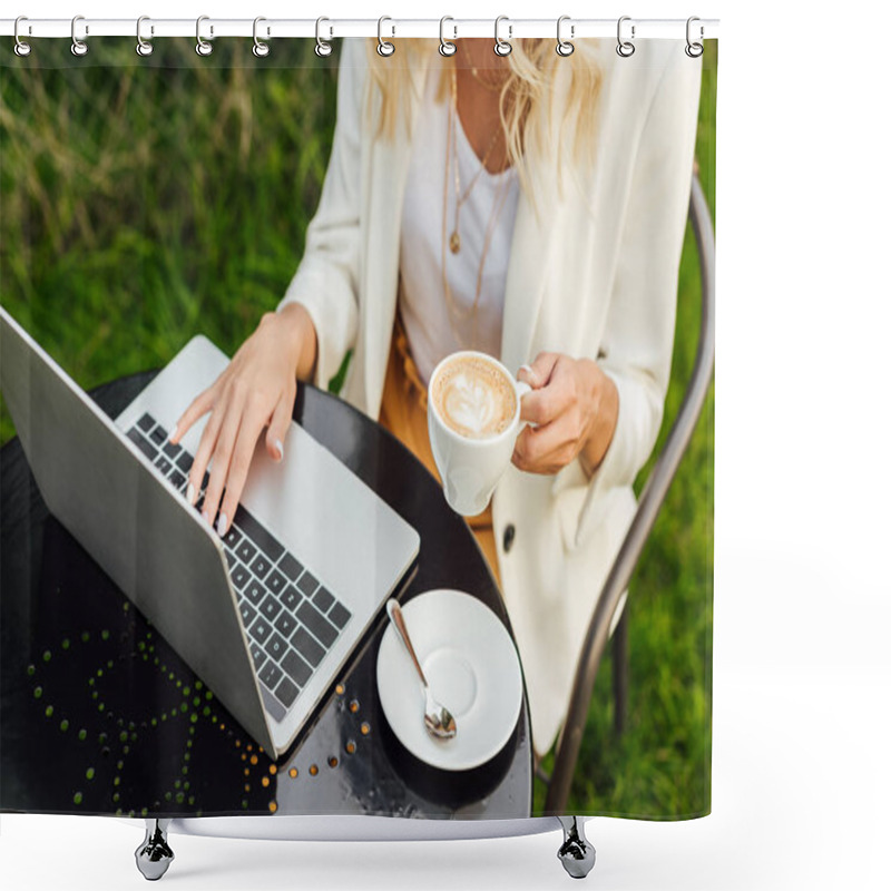 Personality  Cropped Image Of Woman Using Laptop And Holding Cup Of Coffee At Table In Garden Shower Curtains