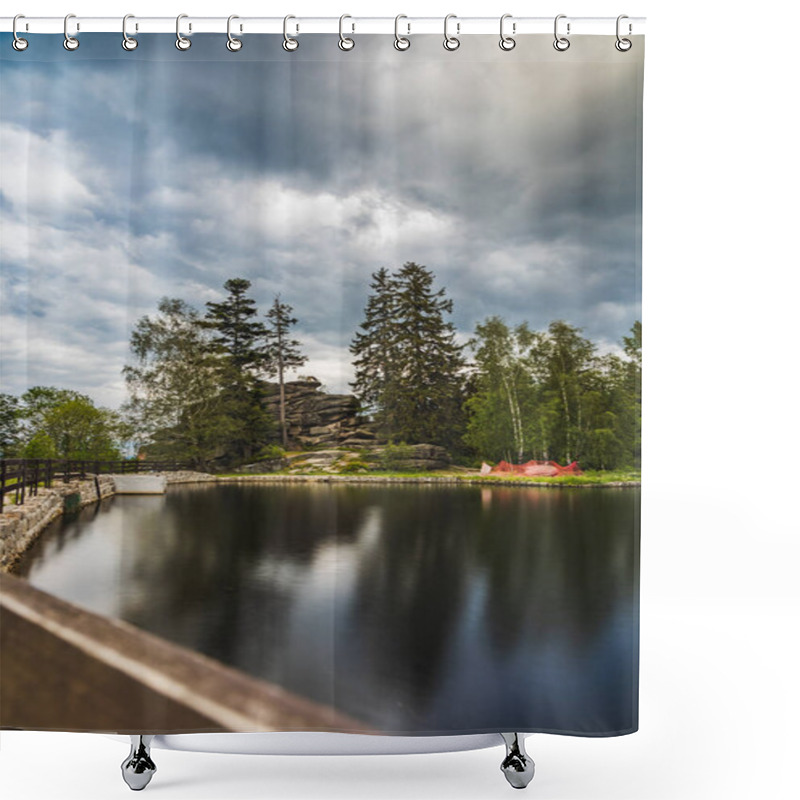 Personality  Calm Forest Lake With Rocky Shoreline Under Cloudy Skies Shower Curtains