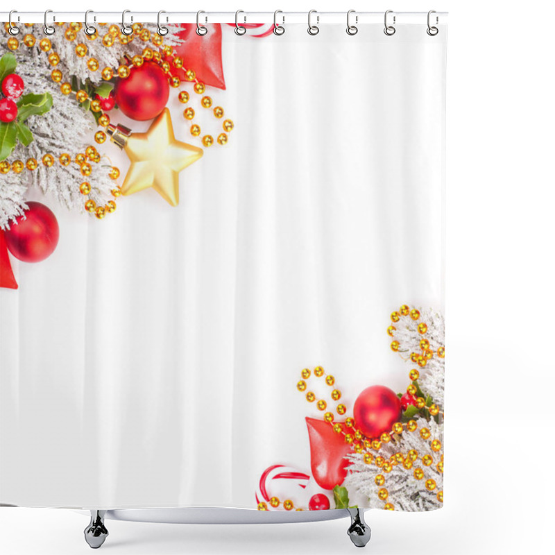 Personality  Bright Vivid Christmas Corner Composition With Red Holly Berries Shower Curtains