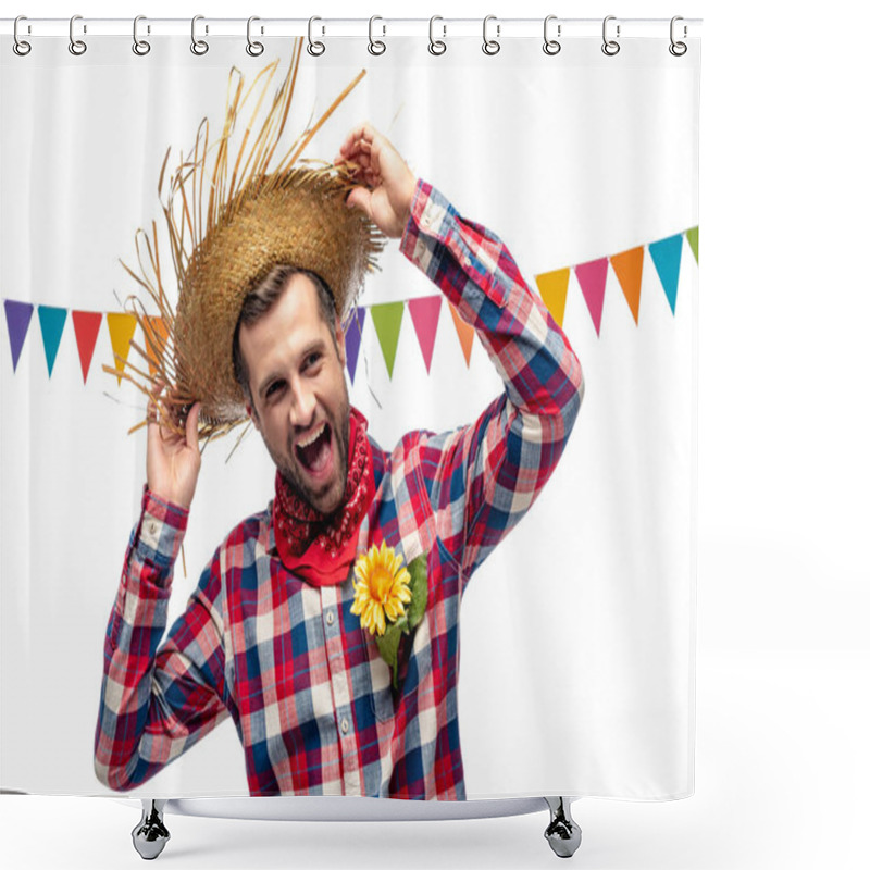 Personality  Excited Man In Straw Hat With Sunflower In Pocket Isolated On White Shower Curtains