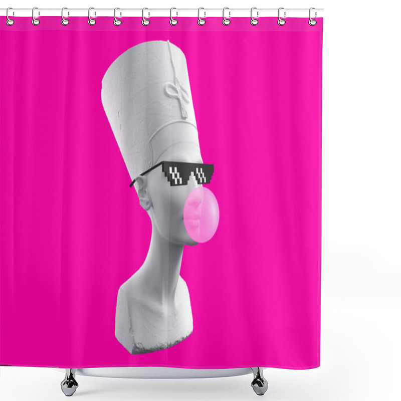 Personality  Funny Illustration From 3d Rendering Ofhead Sculpture Nefertiti In Pixel Glasses, Blowing A Pink Chewing Gum Bubble. Isolated On Pink Background. Shower Curtains