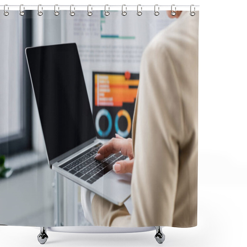 Personality  Cropped View Of Banker Using Laptop With Blank Screen Near Blurred Flip Chart With Graphs Shower Curtains