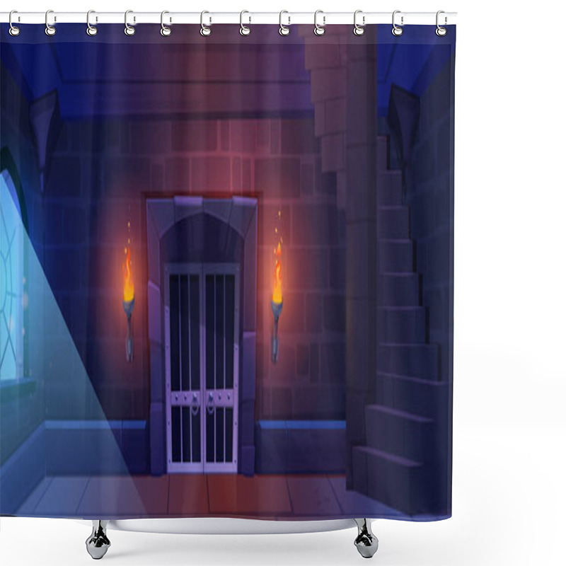 Personality  Castle Medieval Prison With Stone Wall. Game Dungeon Room With Door And Window Empty Dark Interior. Night Ancient Indoor Jail In Palace With Gate In Fortress Tower. 2d Rock Kingdom Building Scene Shower Curtains