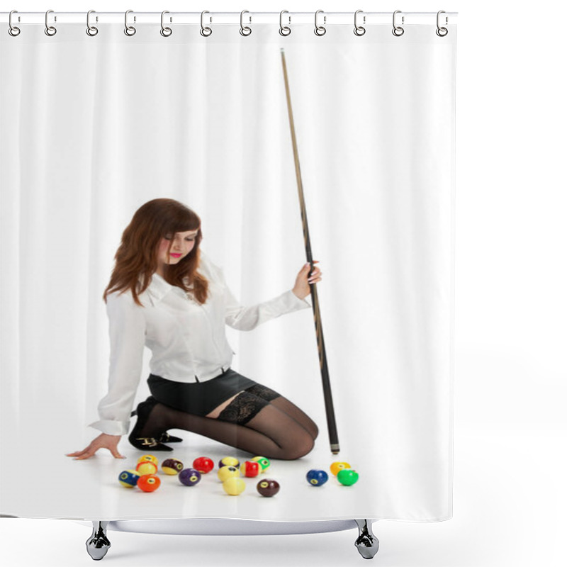 Personality  Girl With Cue And Billiard Ball Shower Curtains