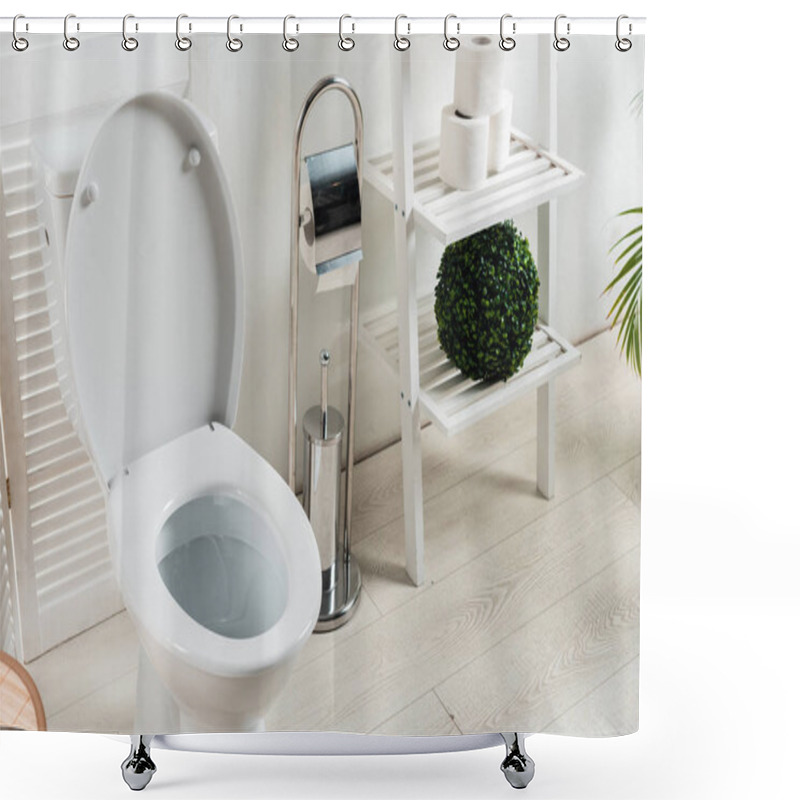 Personality  Interior Of White Modern Bathroom With Toilet Bowl Near Folding Screen, Toilet Brush, Toilet Paper, Rack And Plants Shower Curtains