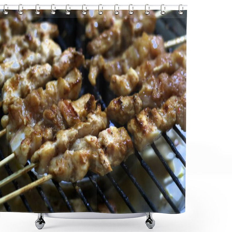 Personality  Sate Ayam, Grilled Chicken Satay, A Classic Indonesian Dish, Features Skewered Chicken Cooked Over Embers, Served With A Rich Peanut Sauce And A Side Of Fiery Sambal For A Truly Authentic Taste Of Indonesia.  Shower Curtains