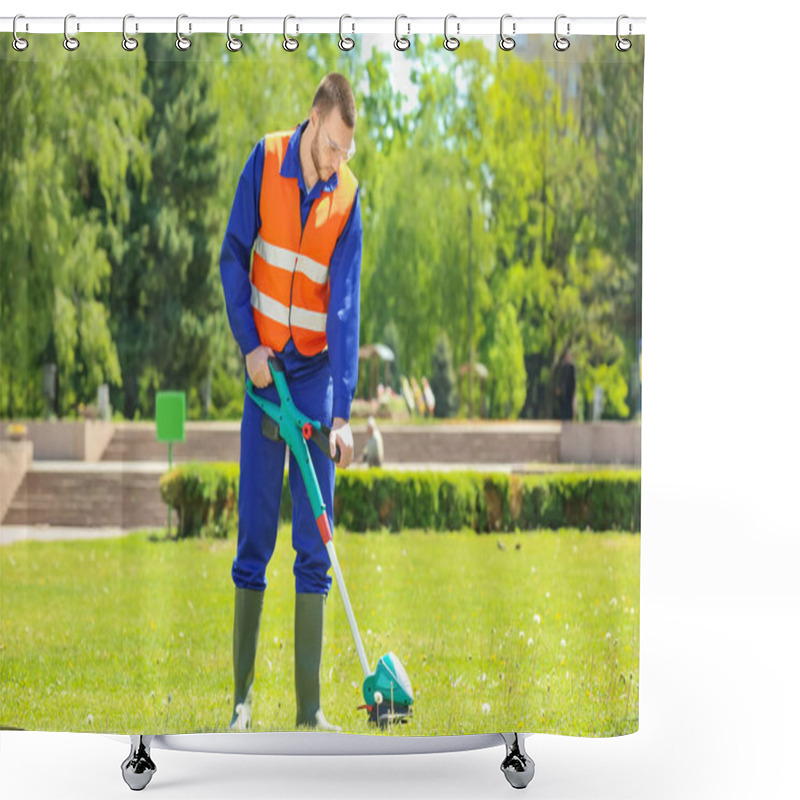 Personality  Worker Mowing Lawn With Grass Trimmer  Shower Curtains