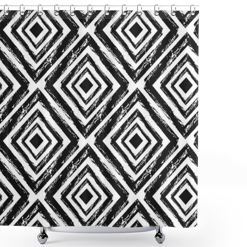 Personality  Hand Drawn Vector Abstract Rought Hand Made Rhombus Seamless Pattern In Black And White Colors.Tribal Ethnic Ornament Decoration.Freehand Textures.Unusual Universal Pattern Shower Curtains