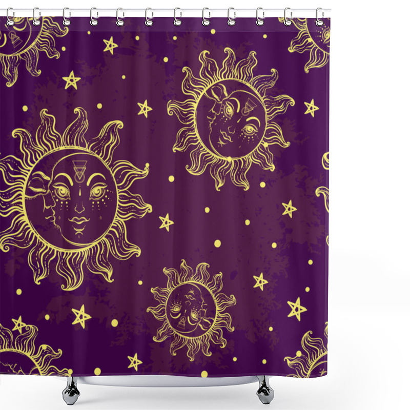 Personality  Hand Sketched Trendy Sun And Moon Seamless Pattern. Elegant Tattoo Design. Isolated Vector Illustration. Alchemy, Astrology, Magic. Shower Curtains