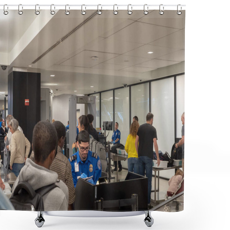 Personality  NEW YORK, NY  MAY 19, 2018- Travelers Lining Up At A Transportation Security Administration (TSA) Queue In JFK Airport In New York City. Shower Curtains