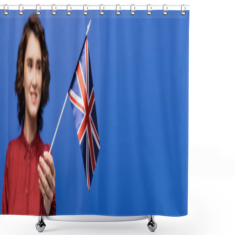 Personality  Happy Student With Curly Hair Looking At Flag Of United Kingdom Isolated On Blue, Banner  Shower Curtains