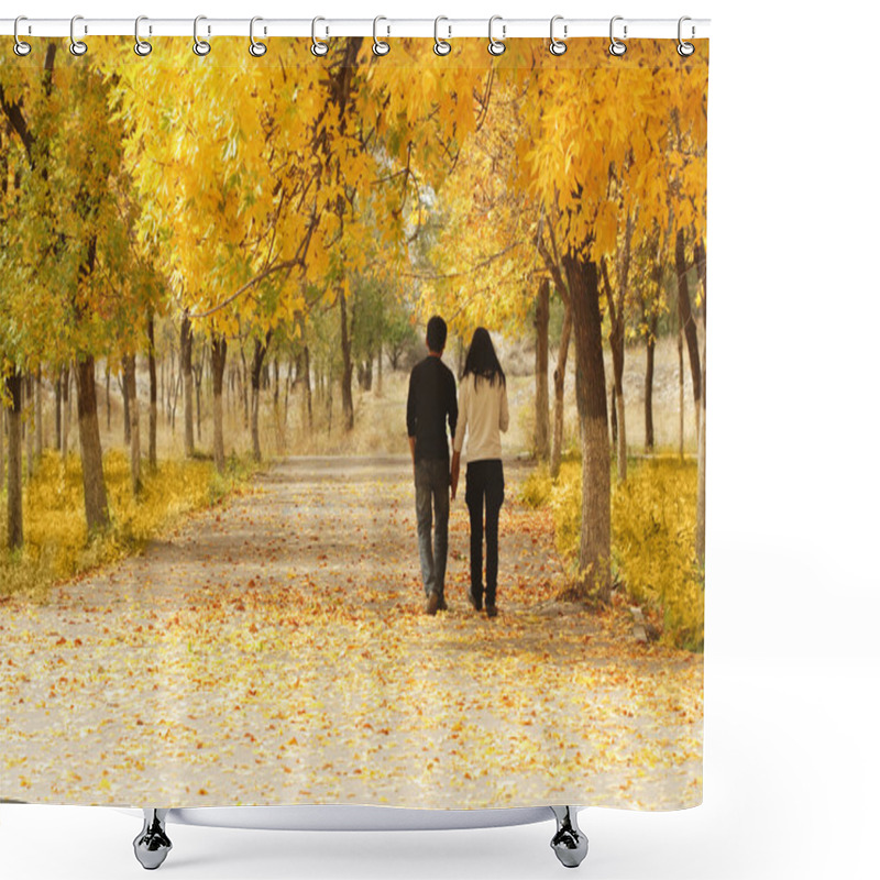 Personality  Young Couple Walking Together In Autumn Shower Curtains