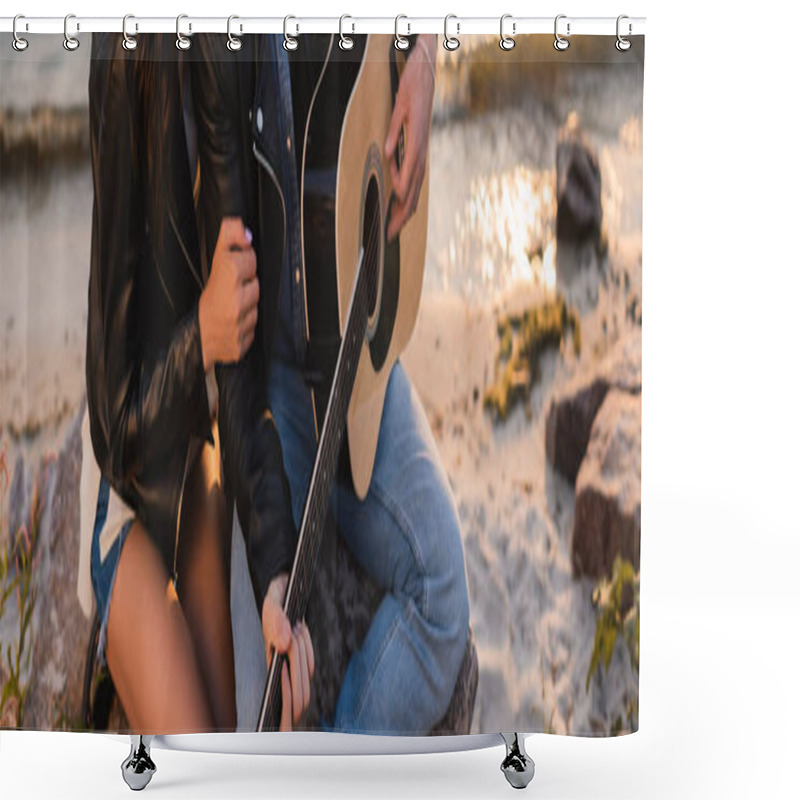 Personality  Panoramic Shot Of Woman Touching Boyfriend With Acoustic Guitar On Beach At Evening  Shower Curtains