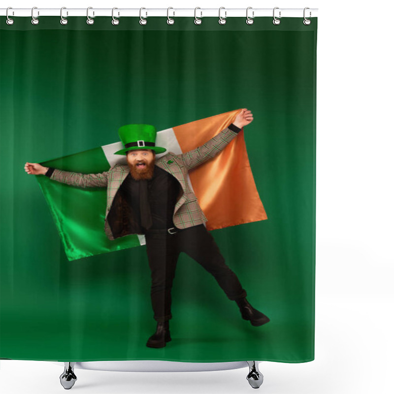 Personality  Full Length Of Excited Bearded Man In Hat Holding Irish Flag On Green Background  Shower Curtains