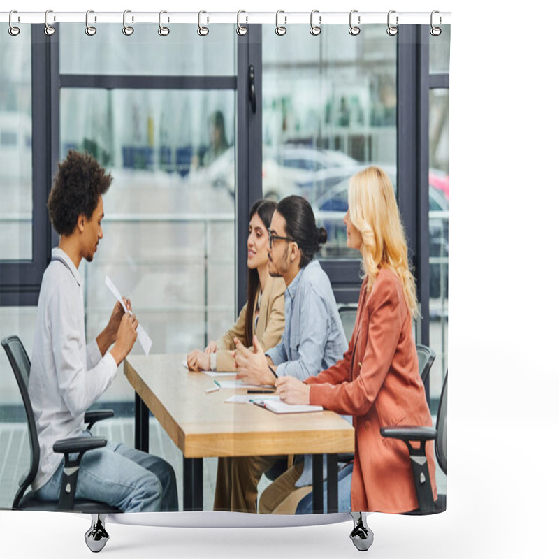 Personality  Intense Job Interview With Potential Employees In A Bustling Office Setting. Shower Curtains