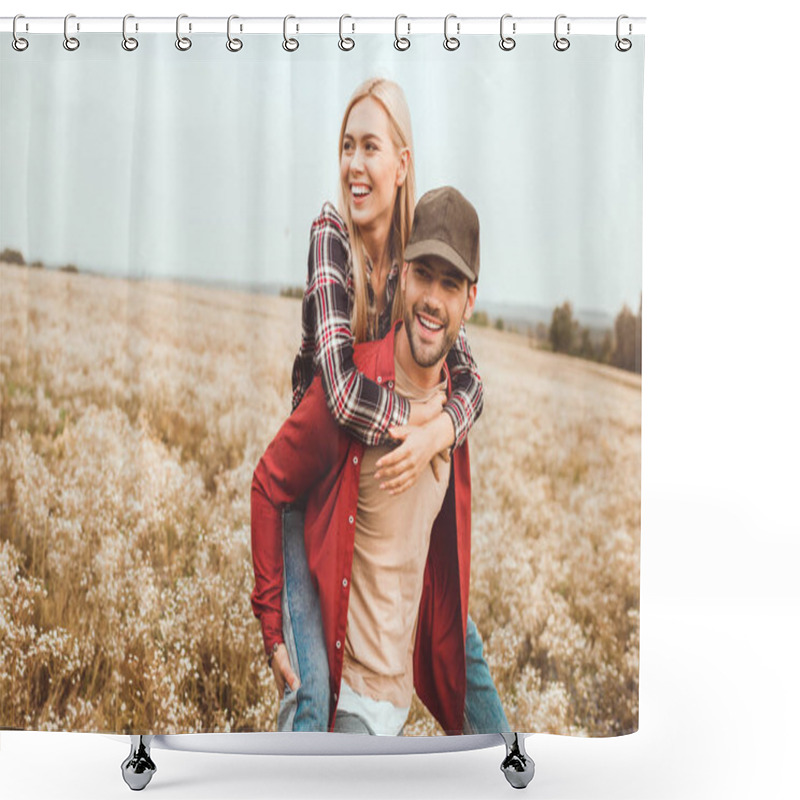 Personality  Happy Young Woman Piggybacking On Boyfriend In Flower Field Shower Curtains